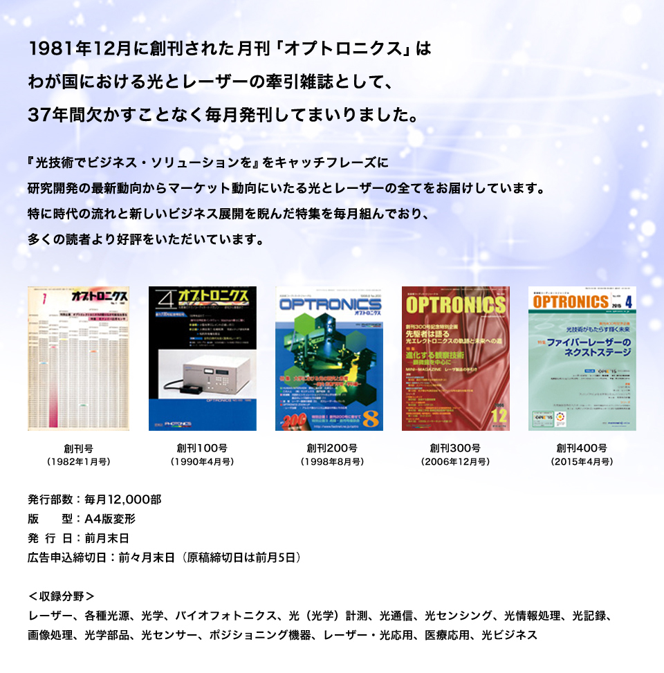 月刊「オプトロニクス」はわが国における光とレーザーの牽引雑誌として、３３年間欠かすことなく毎月発刊してまいりました。